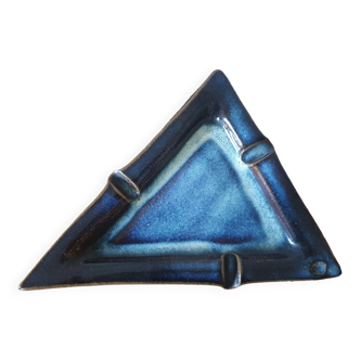 Vintage blue triangle ashtray in glazed stoneware