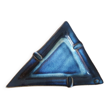 Vintage blue triangle ashtray in glazed stoneware