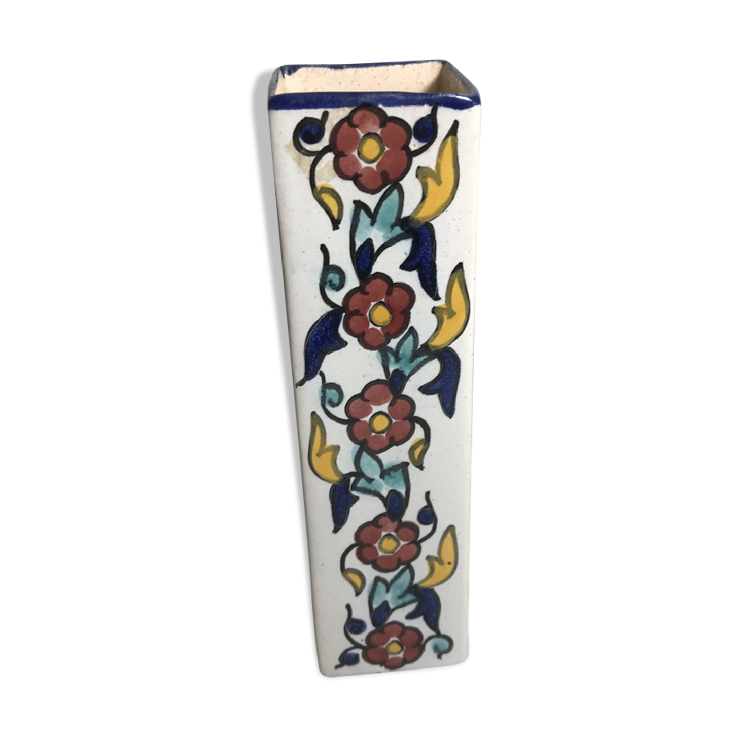 Square old glazed ceramic vase design flowers vintage