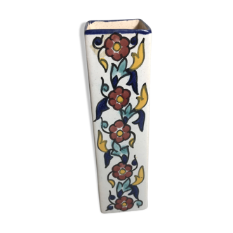 Square old glazed ceramic vase design flowers vintage