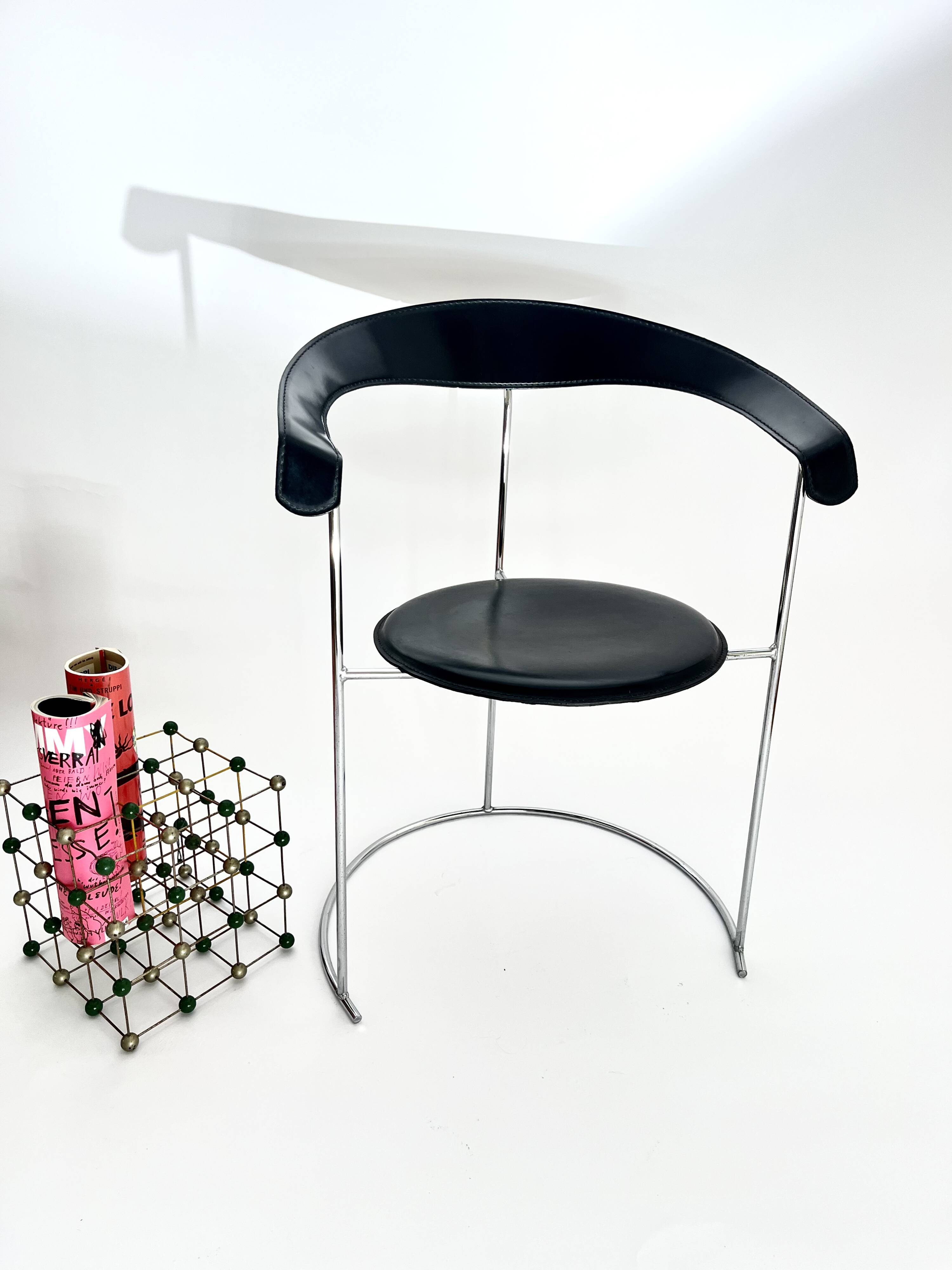 Vintage Arrben “Canasta” Chair, Black Leather & Metal, Italy, 1980s