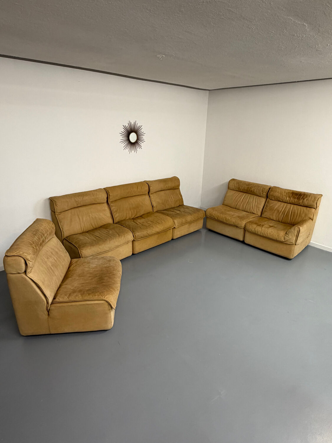 Modular camel leather sofa, 1980s vintage design.
