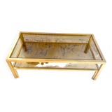 Vintage coffee table in gold-plated metal, brass-style, smoked glass, circa 1970
