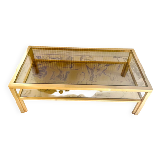 Table basse vintage métal doré type laiton verre fumé circa 1970