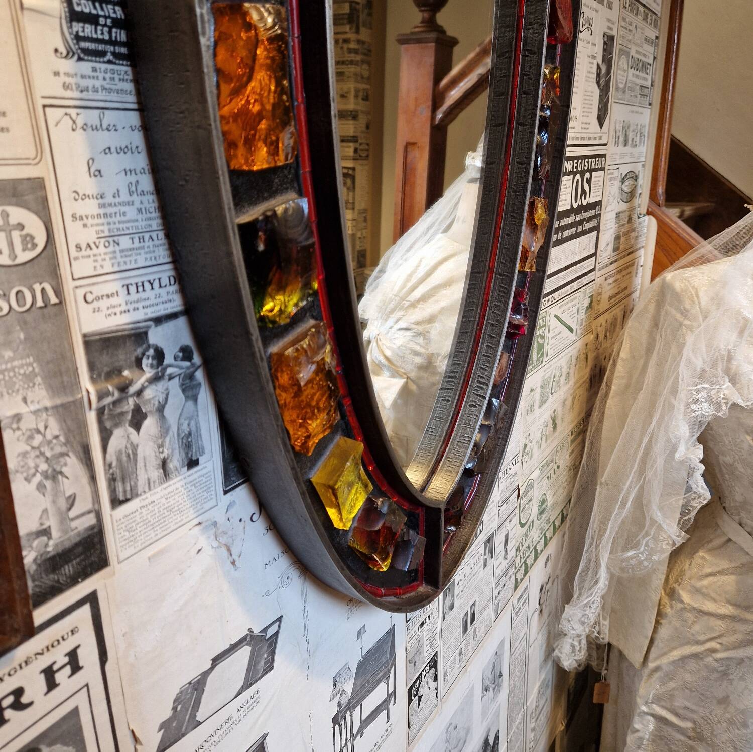 Mirror Jacques Avoinet mid-century brutalist glass, wrought iron, lead