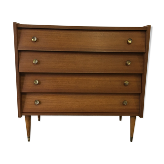 Commode 1960 4 tiroirs pieds fuseaux boutons laiton