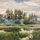 Oil on panel vintage green landscape