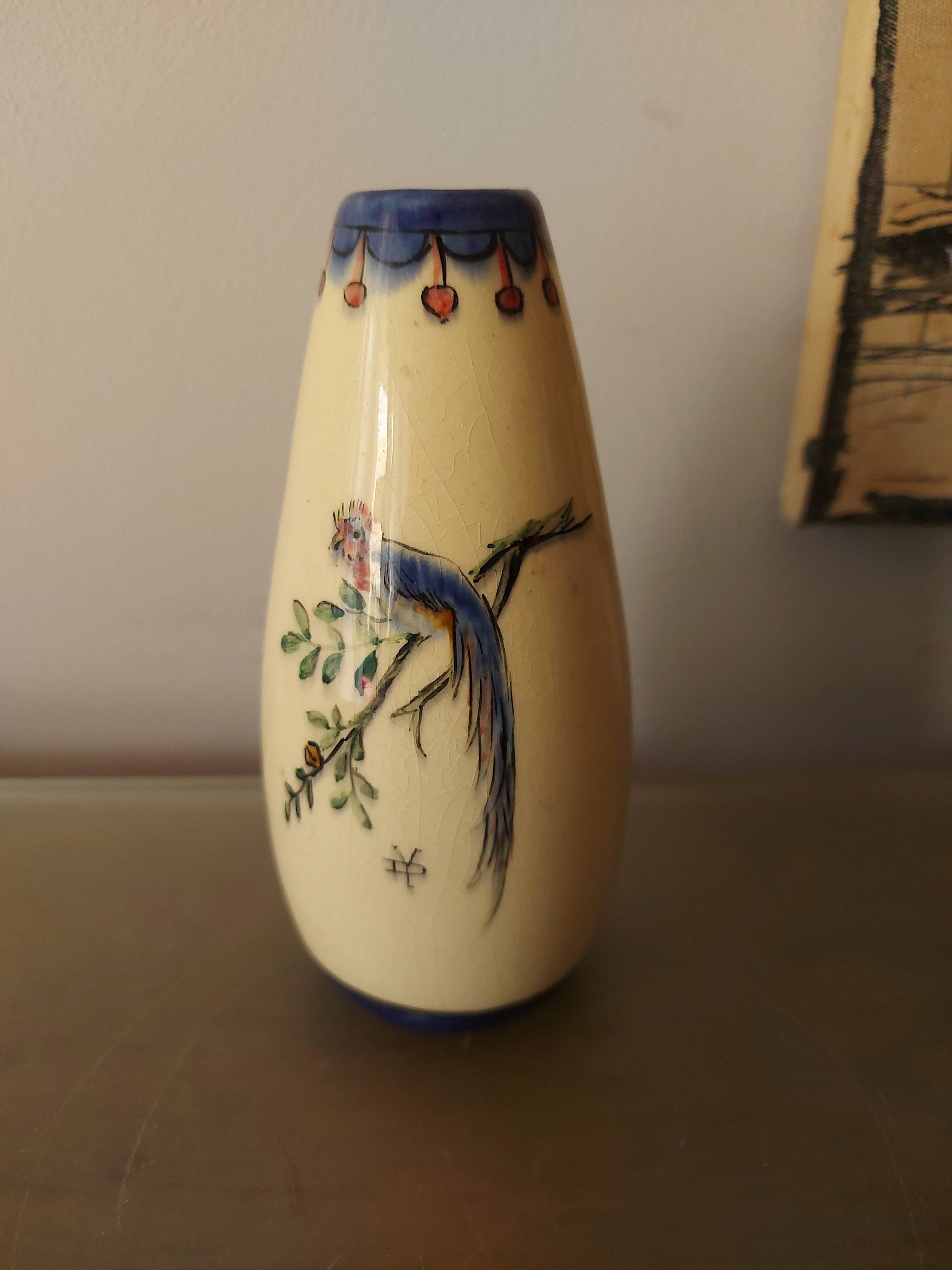 Signed art deco vase, bird of paradise décor