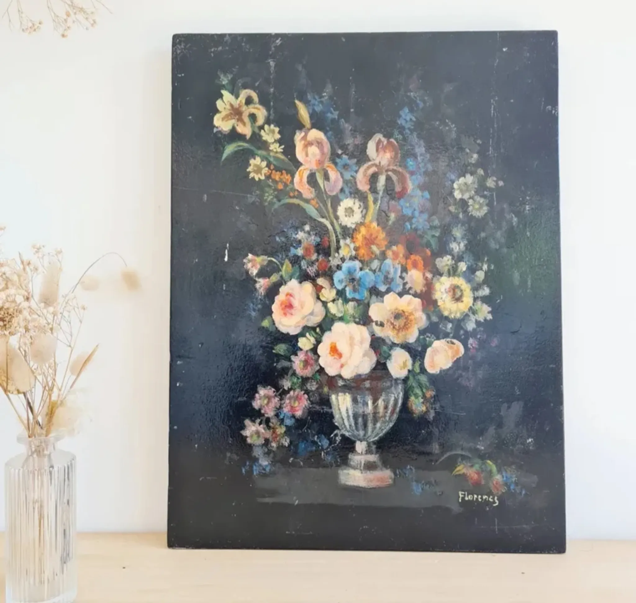 Old Table Painting of Flowers on Wood