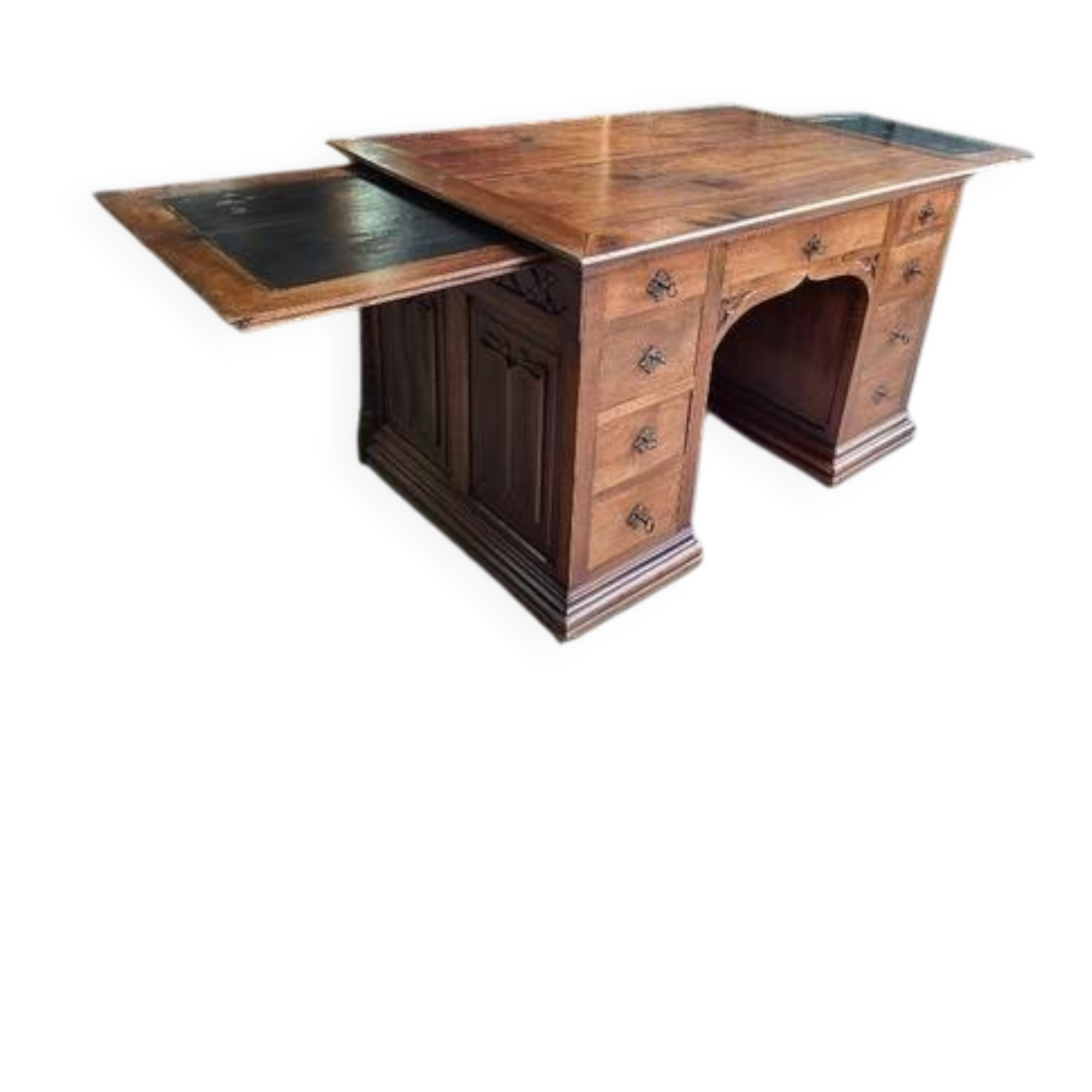 Ancien bureau 9 tiroirs en noyer de style gothique ref je