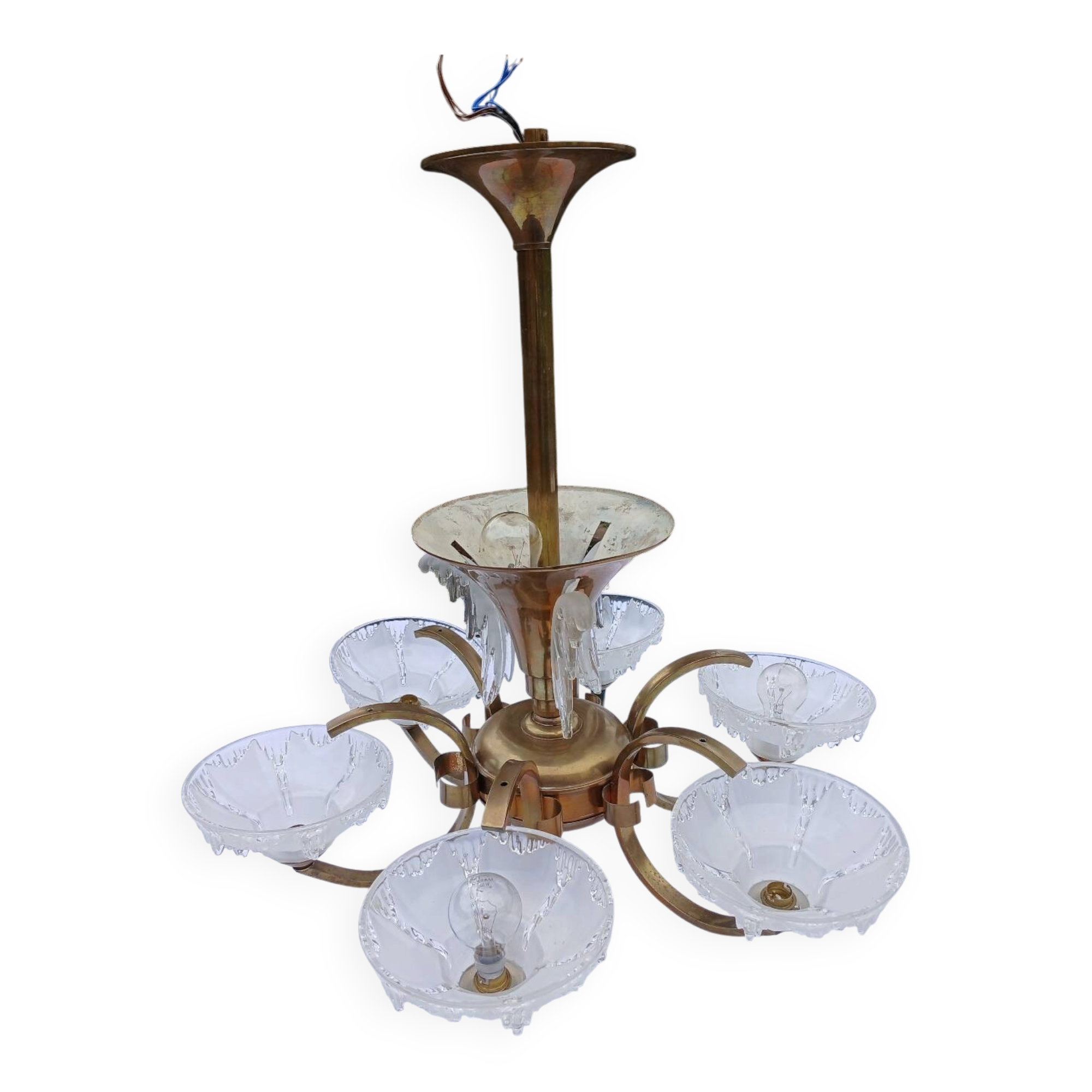 Antique Art Deco brass and glass chandelier