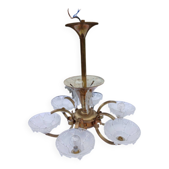 Antique Art Deco brass and glass chandelier