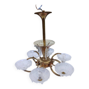 Lustre ancien Art Déco laiton + verre