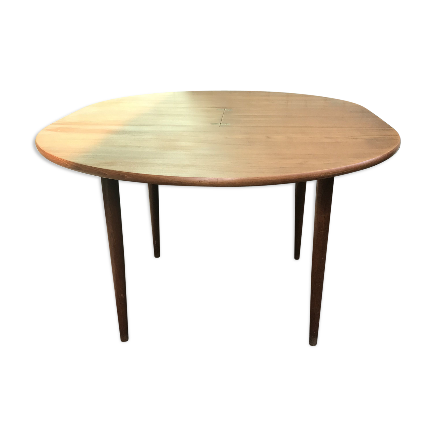 Ancienne table à manger scandinave en bois de teck et pieds compas avec rallonges vintage