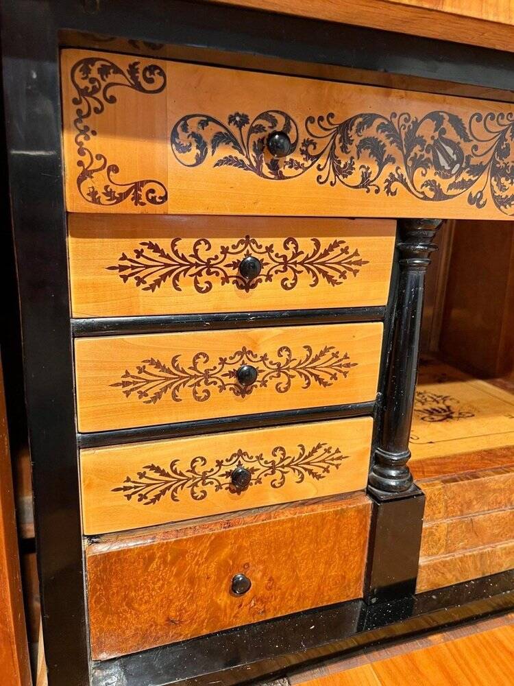 Biedermeier Secretaire in Cherrywood and Maple with Inlays and Brass, South Germany, 1830s