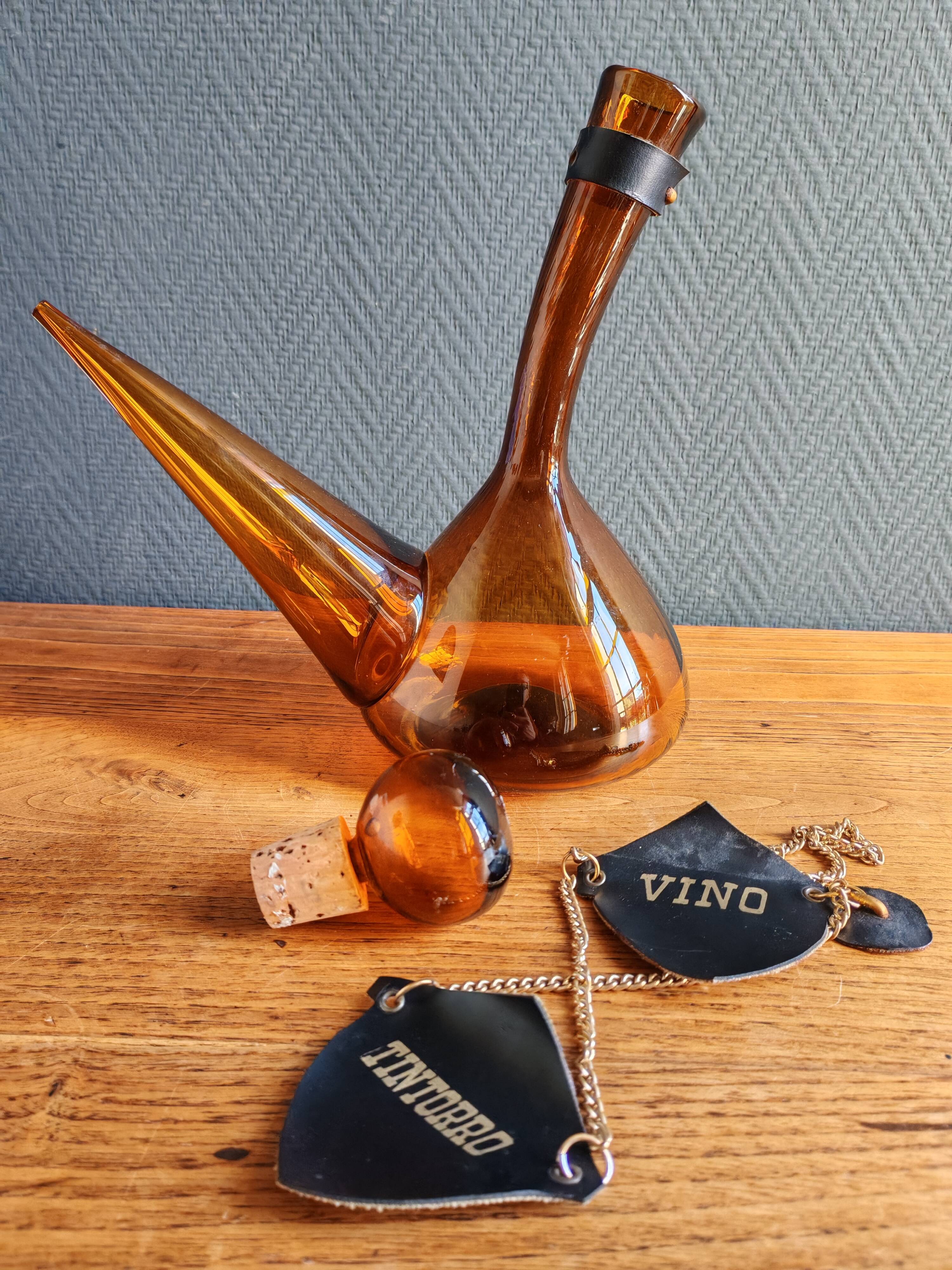 Vintage Amber Glass Wine Carafe - Artisan Decanter in Porron Style