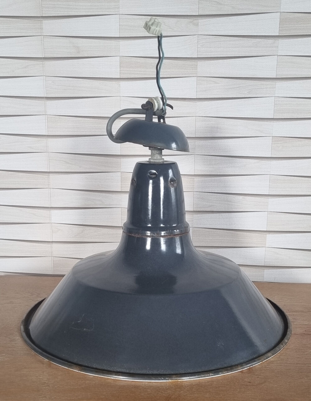 Industrial pendant lamp enamelled blue grey, vintage, 50s