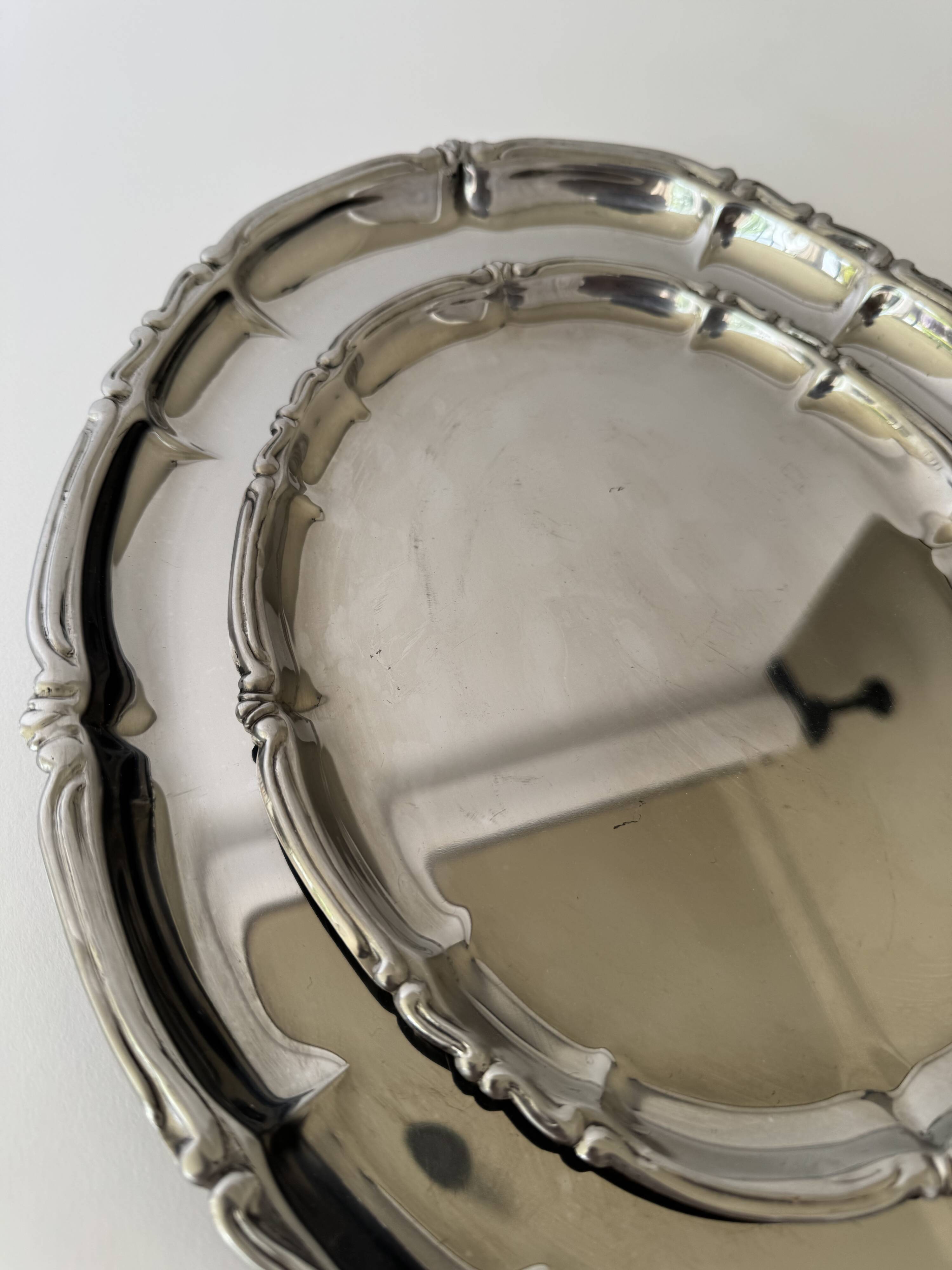 Vintage Baroque Style Italian Stainless Steel Pair of Serving Platters