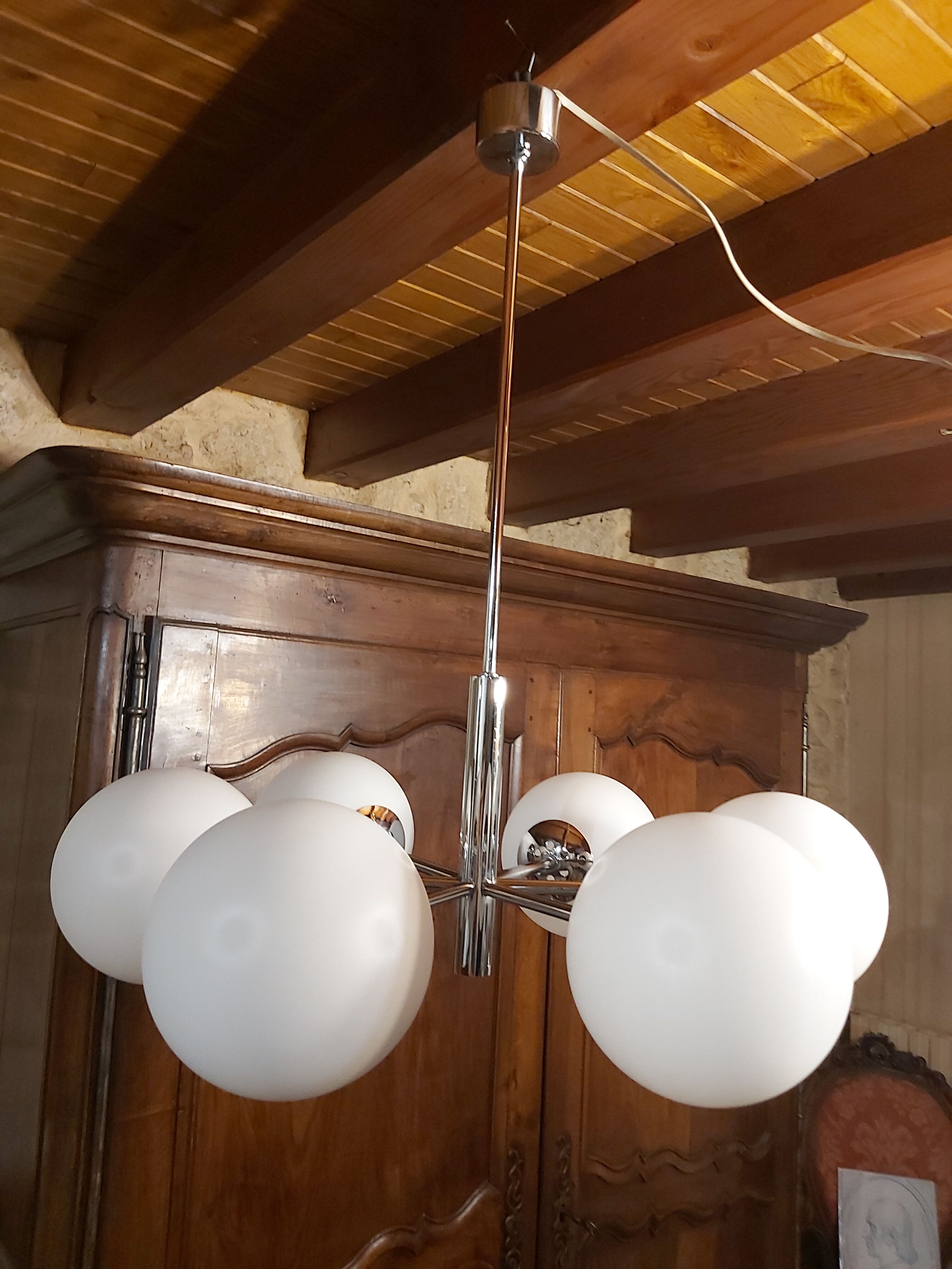 Chrome Sputnik chandelier and white frosted glass globes