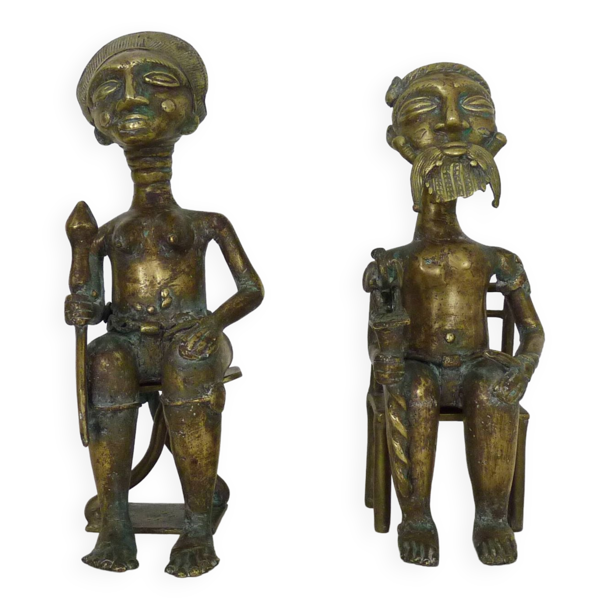 Paire de statues africaines en bronze du roi/reine du Bénin, Art Africain, Art primitif. Années 50