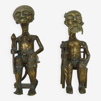 Pair of African bronze statues of the king/queen of Benin, African Art, Primitive Art. The 50's