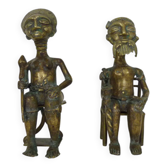 Pair of African bronze statues of the king/queen of Benin, African Art, Primitive Art. The 50's