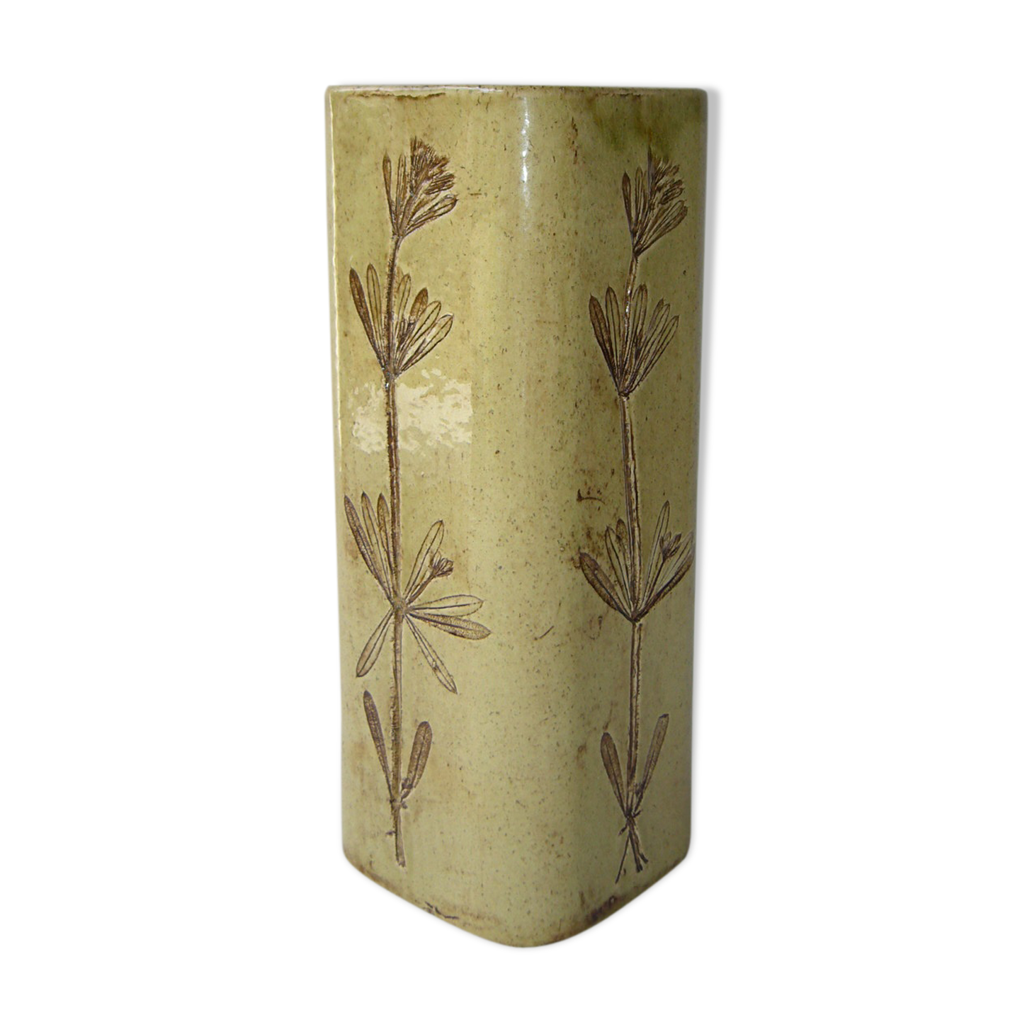 Ceramic square vase decorated with herbarium by Raymonde Leduc