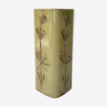 Ceramic square vase decorated with herbarium by Raymonde Leduc