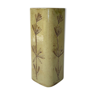 Ceramic square vase decorated with herbarium by Raymonde Leduc