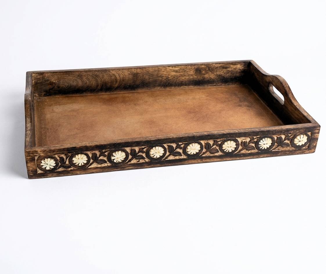 Vintage handcrafted service platter in carved and inlaid wood, India.