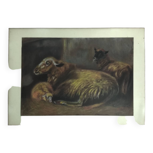 Tableau animalier, bergerie, moutons et agneau.