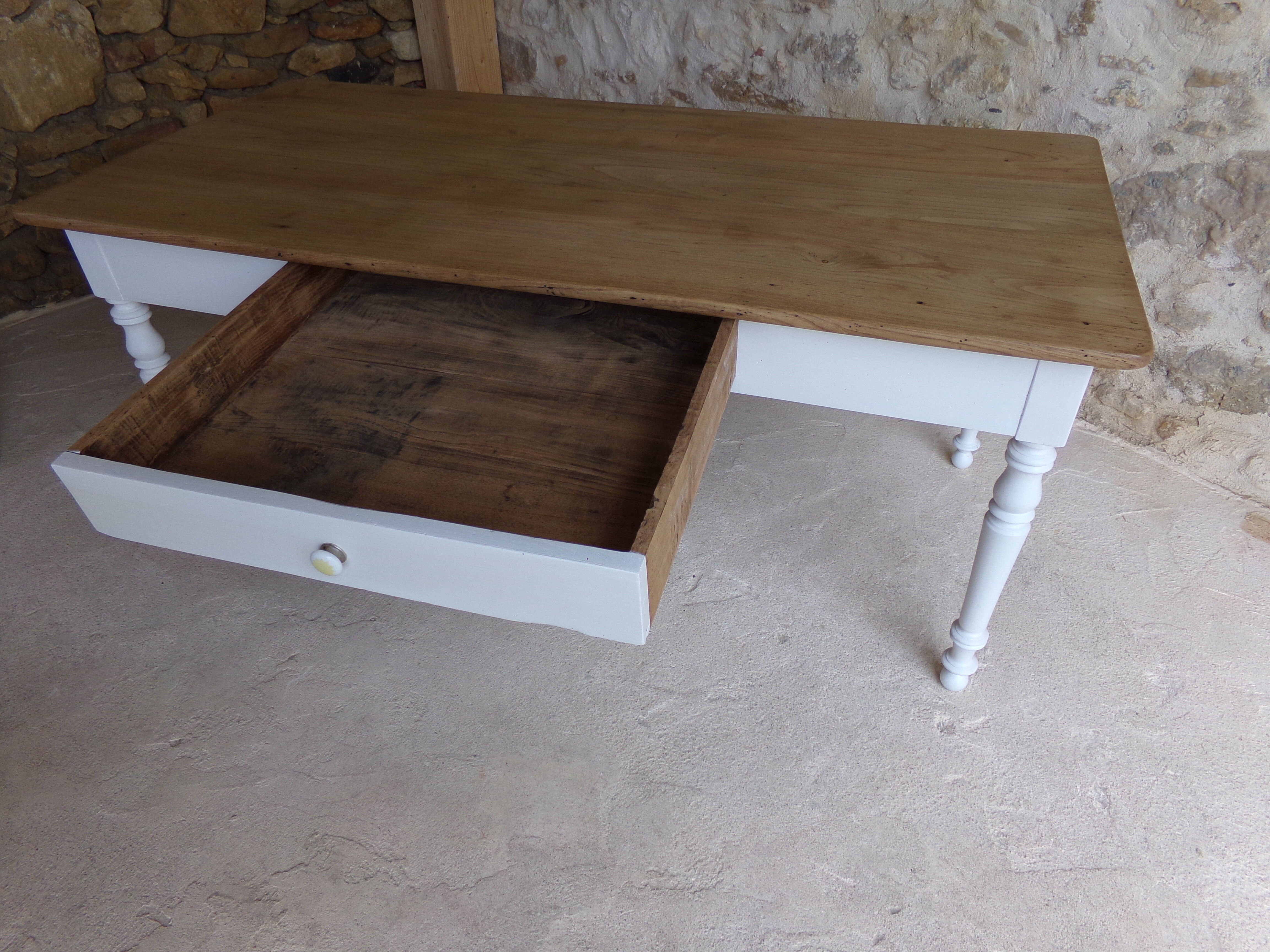 Old farm table turned feet