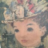 Old painting portrait of a woman with a flowered hat