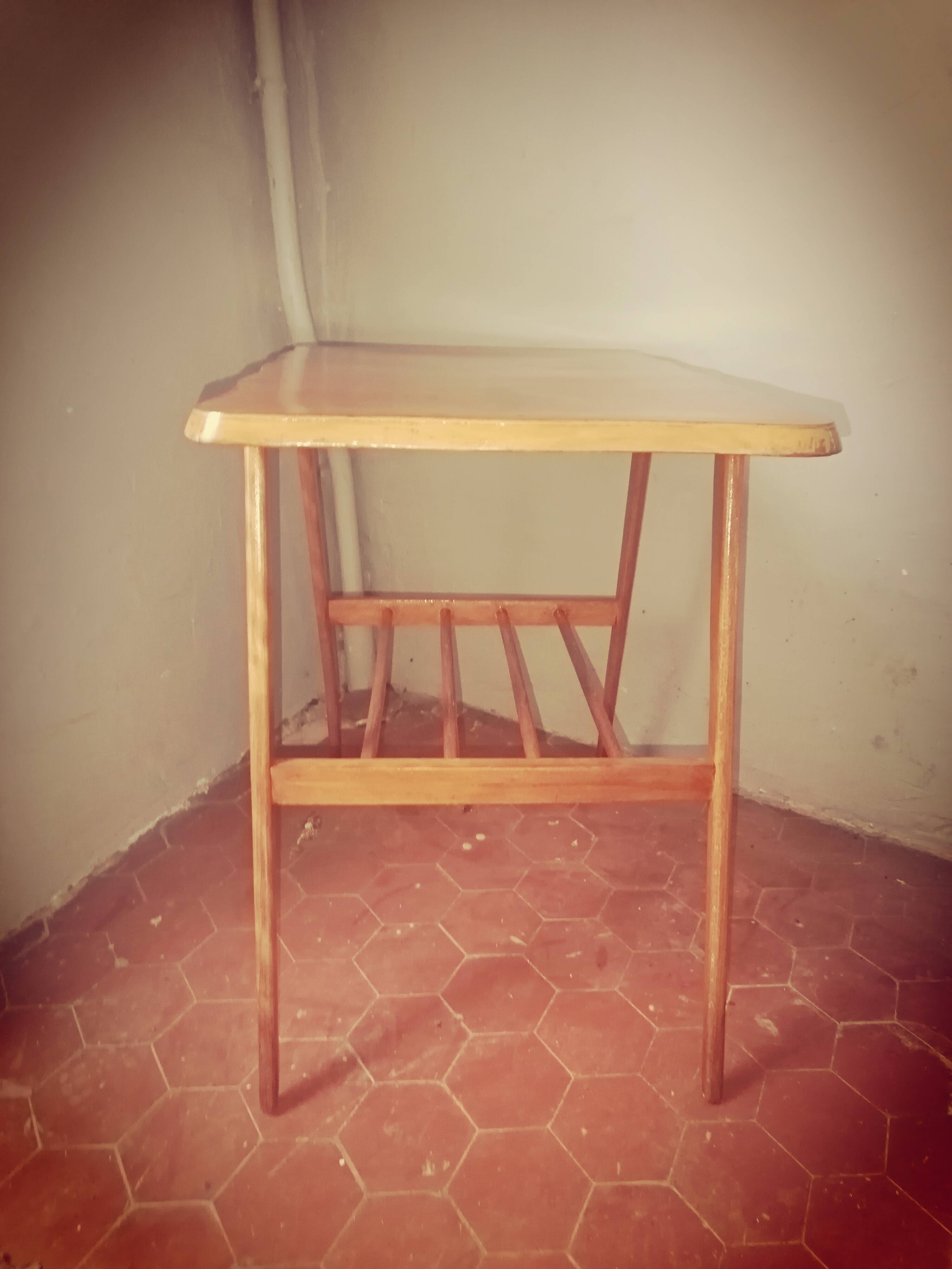 Scandinavian table with compass legs + magazine rack.