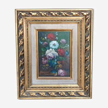 Peinture à l'huile nature morte au bouquet signée Mayers - Beau cadre
