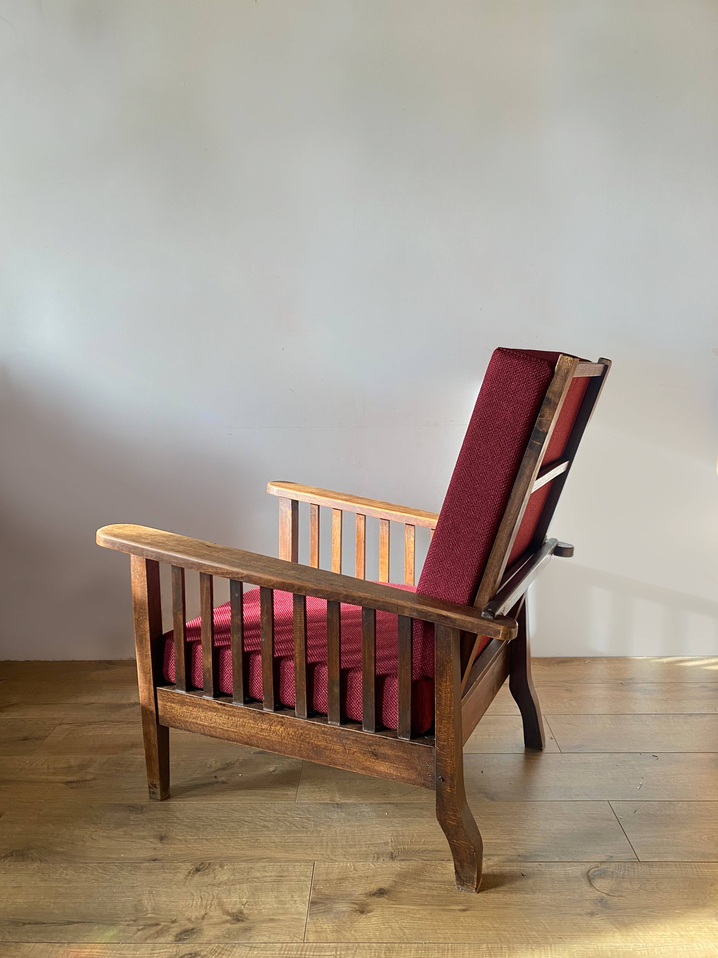Fauteuil morris bois coussins bordeaux