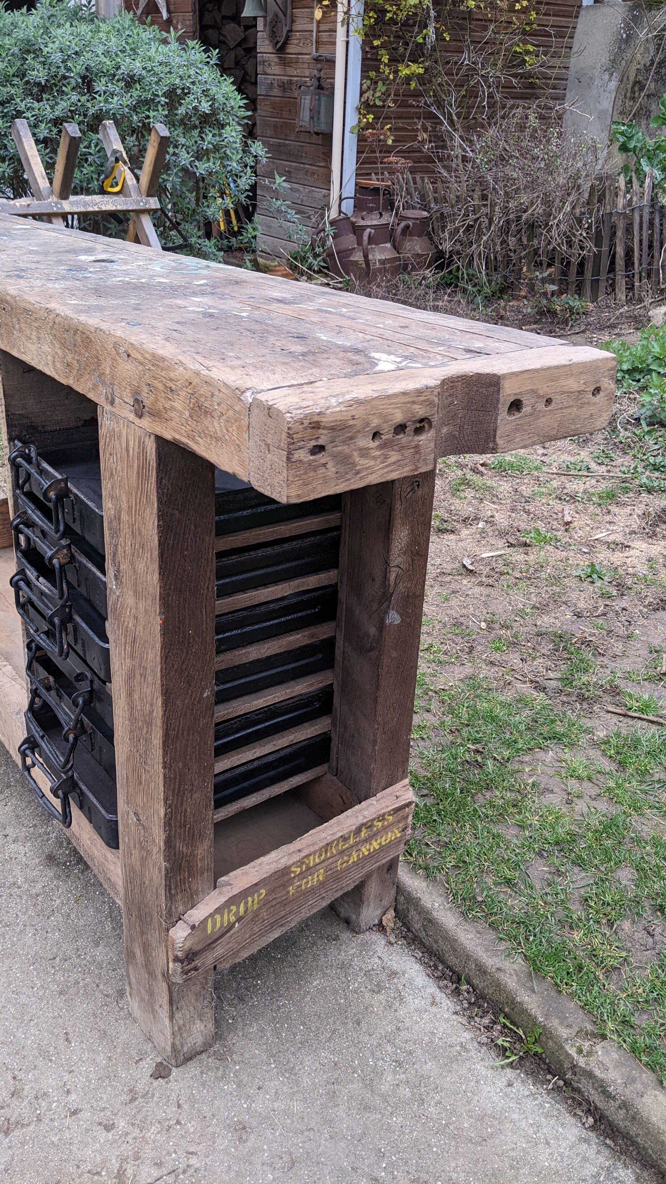 Old solid oak carpenter's workbench