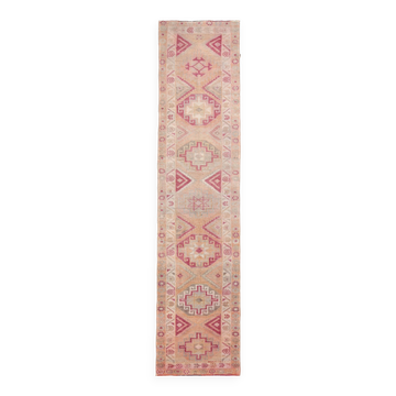 Tapis de course vintage turc doux rouge pâle et rose 3 x 12