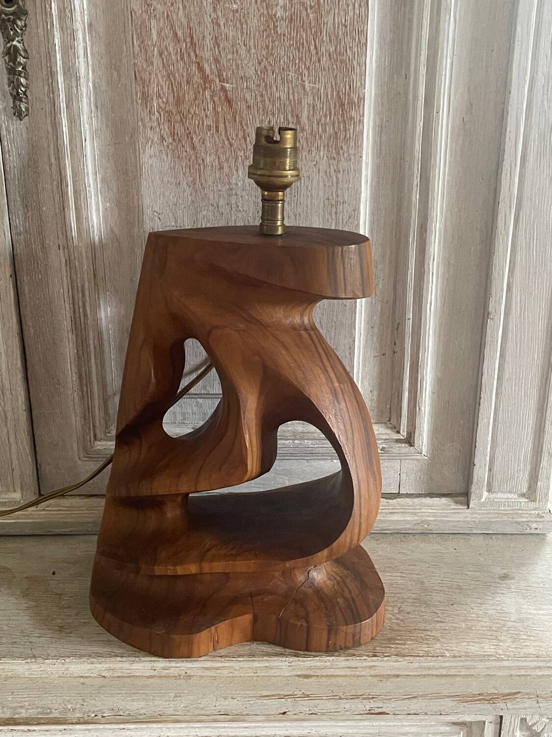 Vintage olive wood carved lamp 59cm