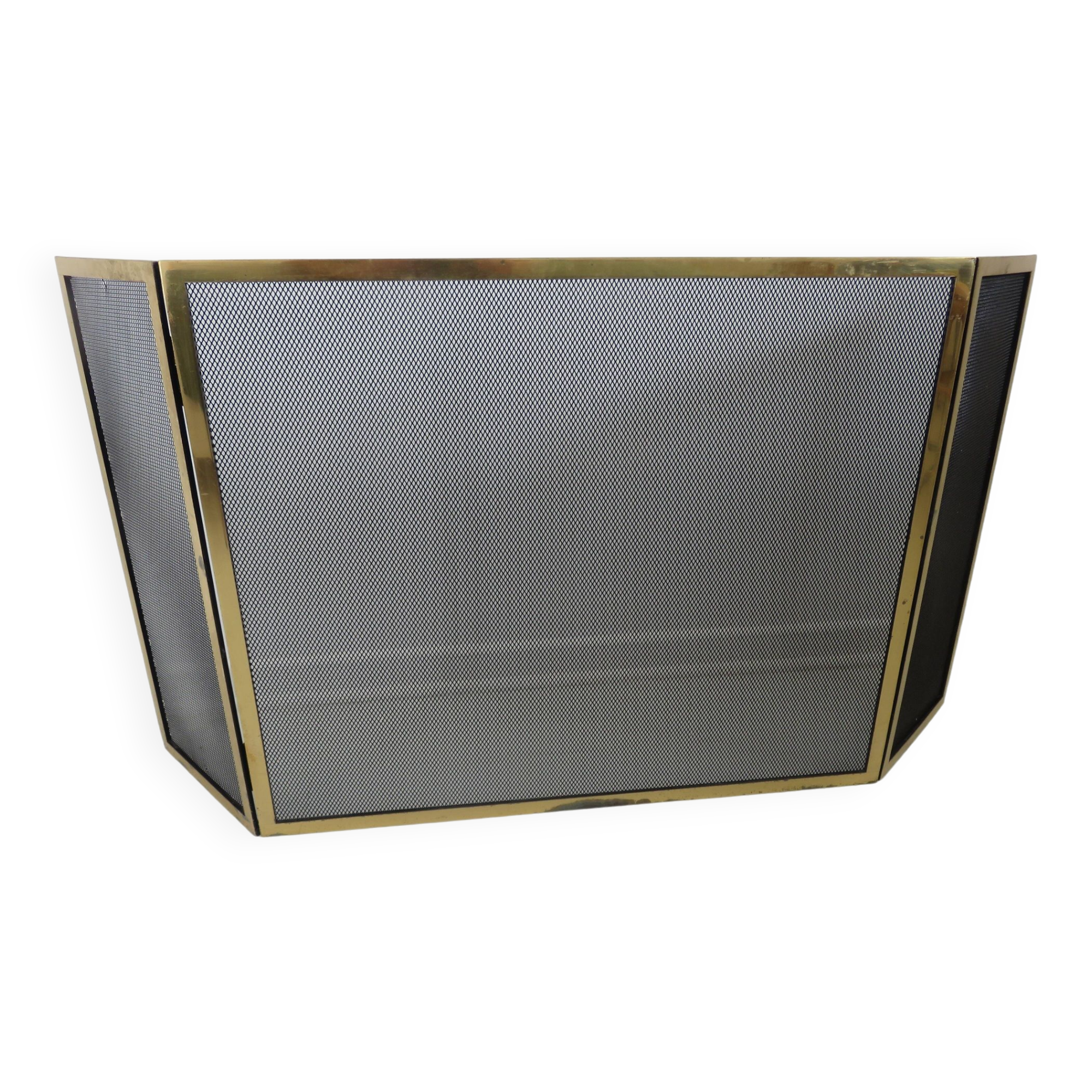 Fire screen, 3-panel brass spark screen for fireplace, modernist, minimalist, 1970