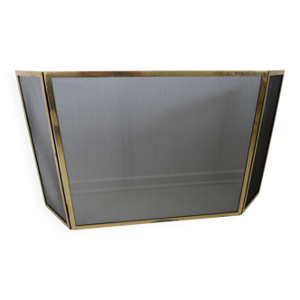 Fire screen, 3-panel brass spark screen for fireplace, modernist, minimalist, 1970