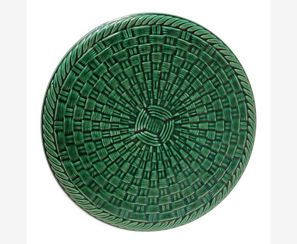 Dessous de plat vintage en céramique barbotine verte modèle tressé