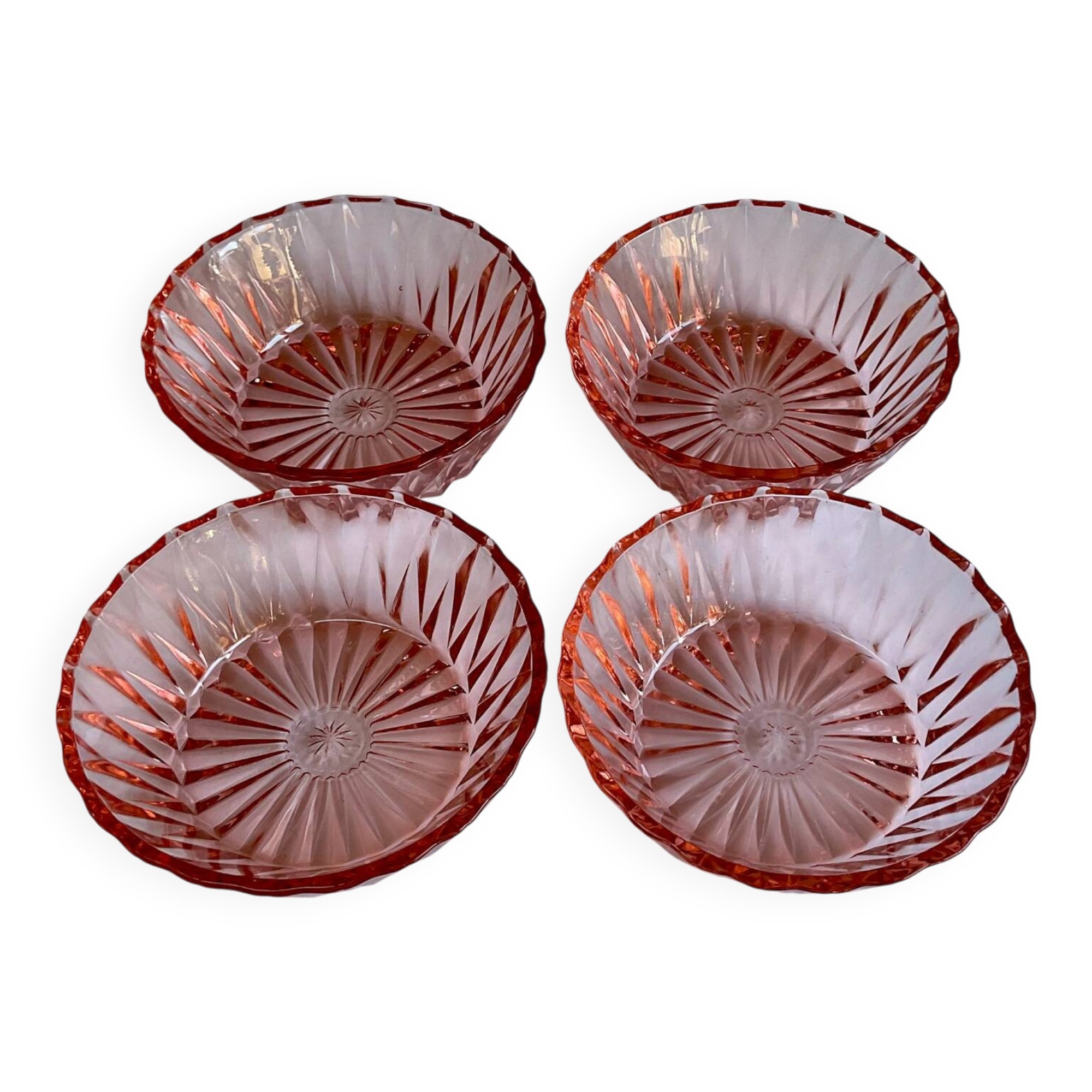 4 pink glass bowls