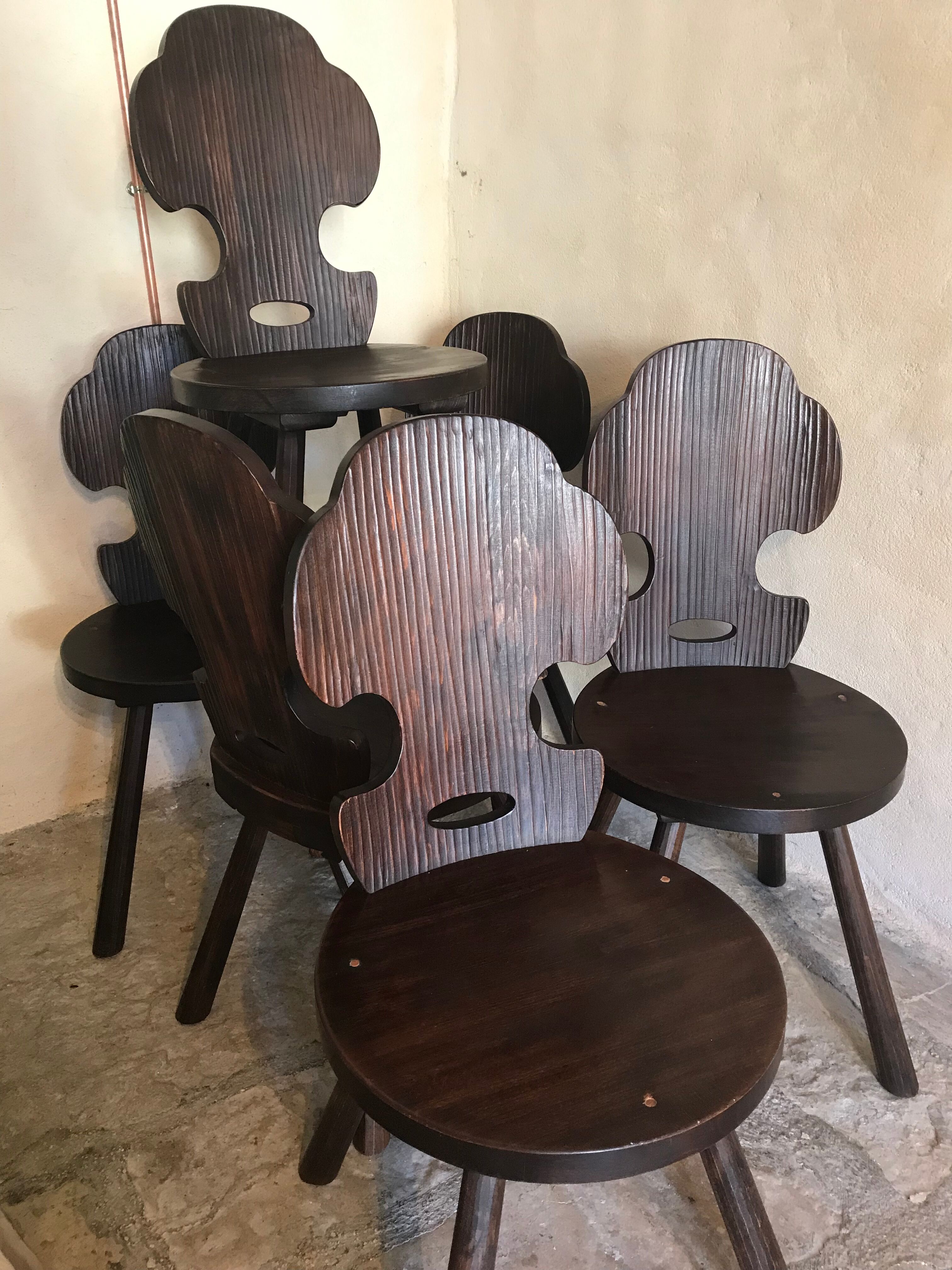 Set of 6 vintage brutalist solid wood chairs