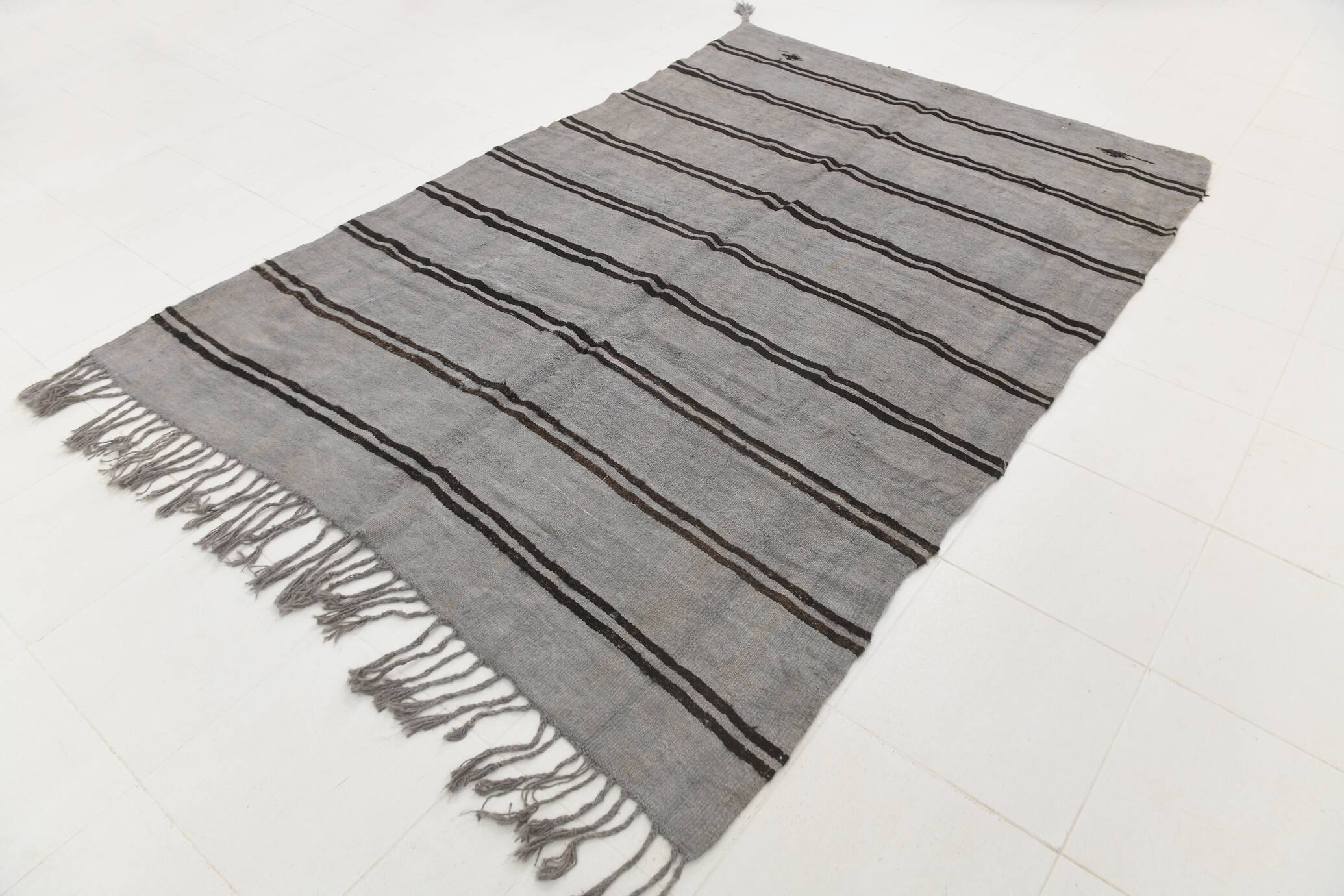 Striped Pattern Gray & Black Vintage Kilim Rug, 188x267Cm
