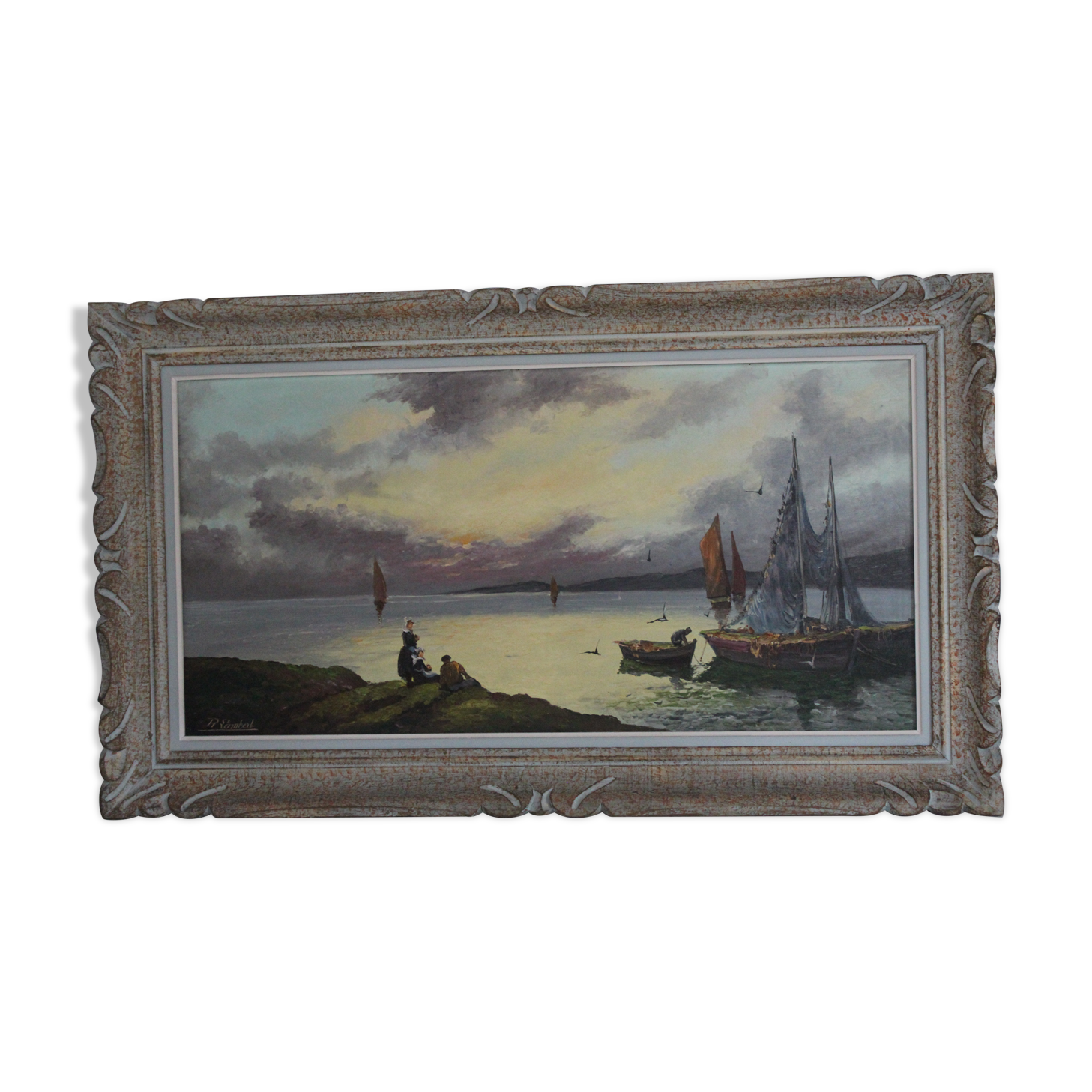 Peinture R. Lambert Retour de pêche en mer bretonne au Crépuscule