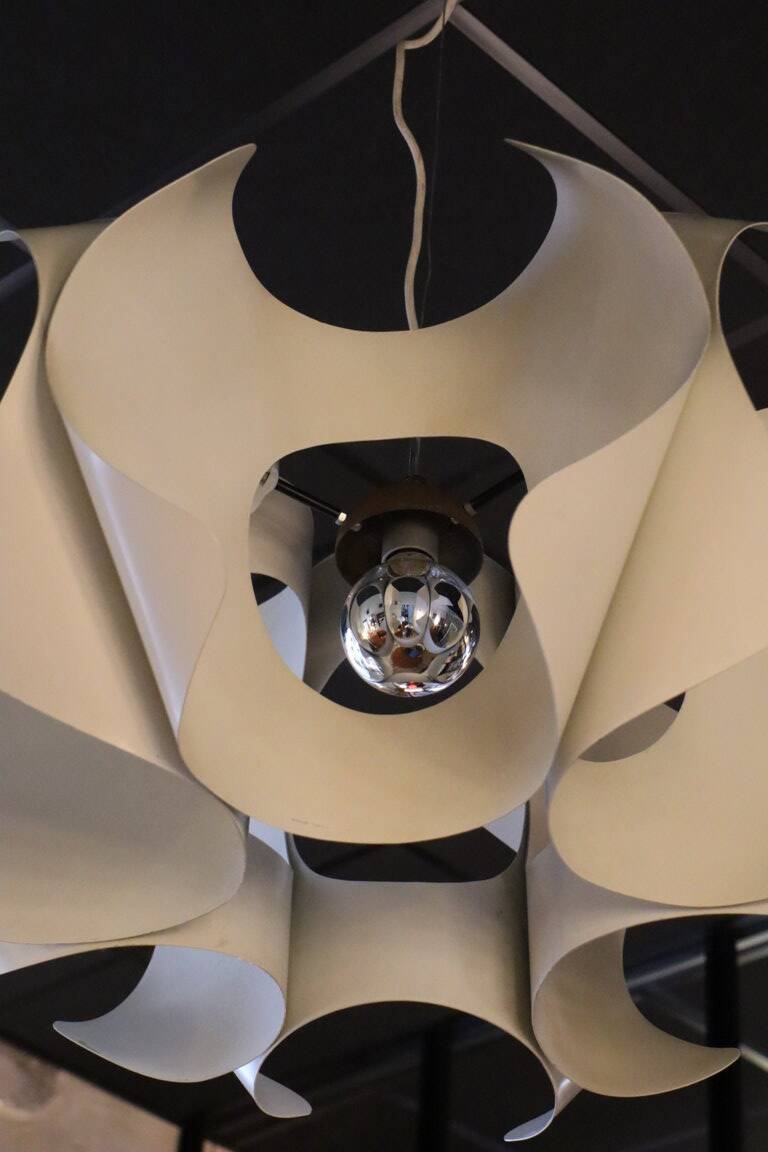 Space Age pendant lamp by Jean D'Imbleval in white lacquered aluminum, 1970