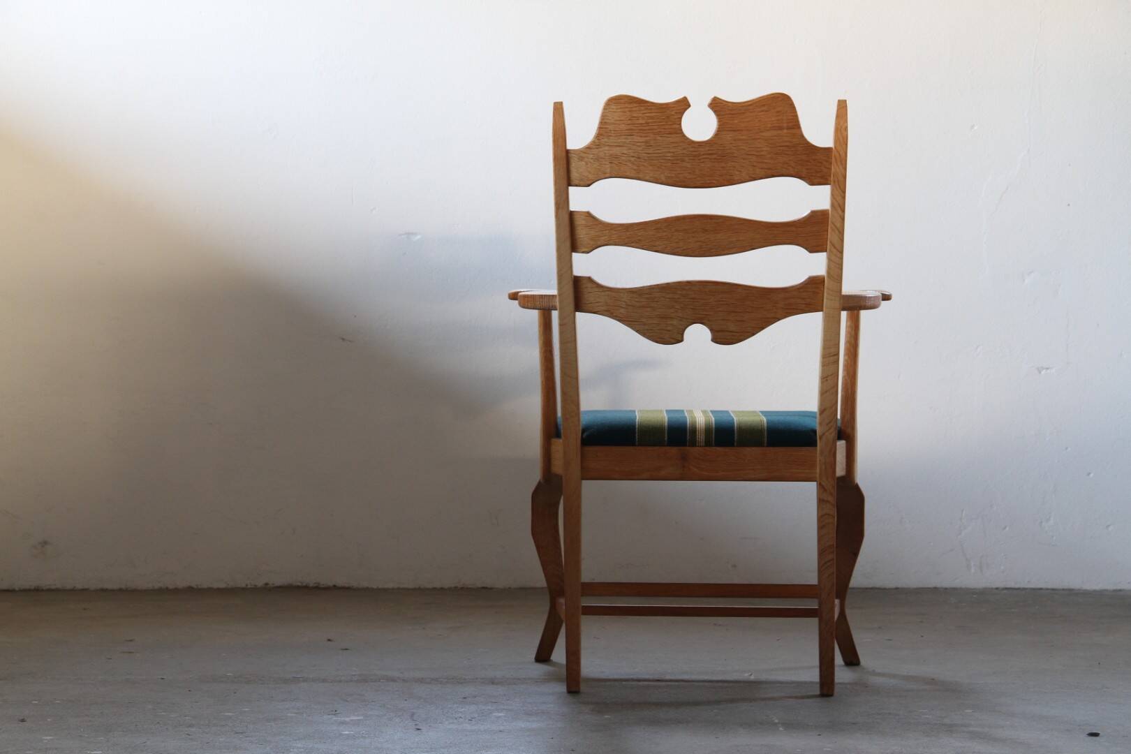 Vintage Brutalist Oak Razorblade Green Striped Armchair by H Kjærnulf, 1960
