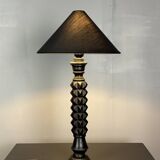 Brutalist wood turned ebonized table lamp in the style of Charles Dudouyt