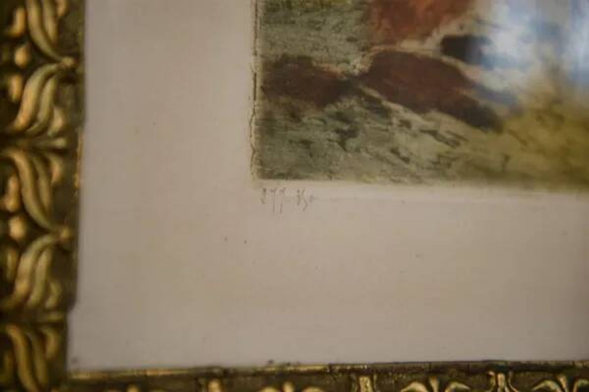 Lithograph of a woodland path, gilt frame, with embossed foliage decoration, 1950s